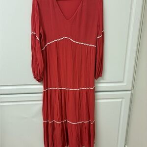 SHEIN Red Long Sleeve Dress with White Trim
